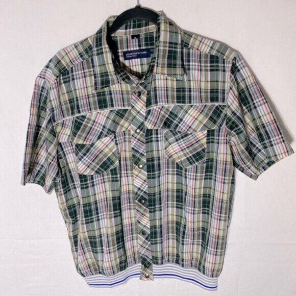 Jones New York Green Wht Plaid Short Sleeve Elastic Hem Snap Front Golf Shirt XL - Picture 14 of 14